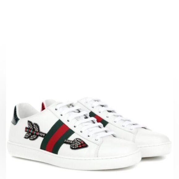Gucci White Leather Ace Web Arrow Embroidered Low Top Sneakers size 38.5 White - Picture 1 of 12